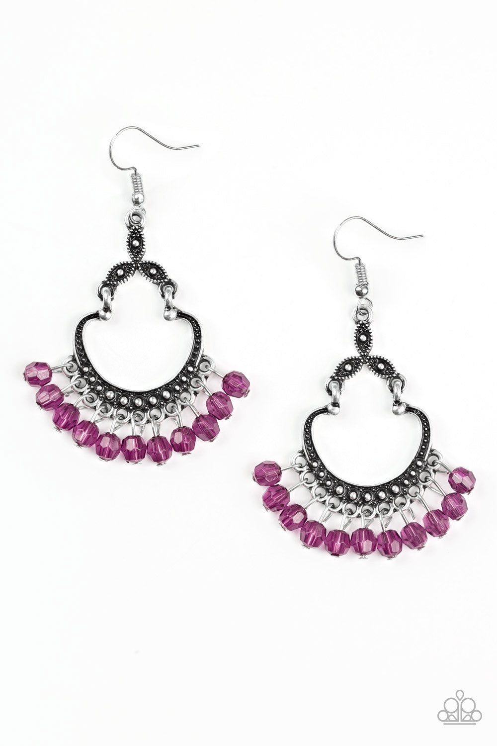 Faceted purple beads swing from the bottom of a studded silver frame, creating a whimsical lure. Earring attaches to a standard fishhook fitting. Sold as one pair of earrings.