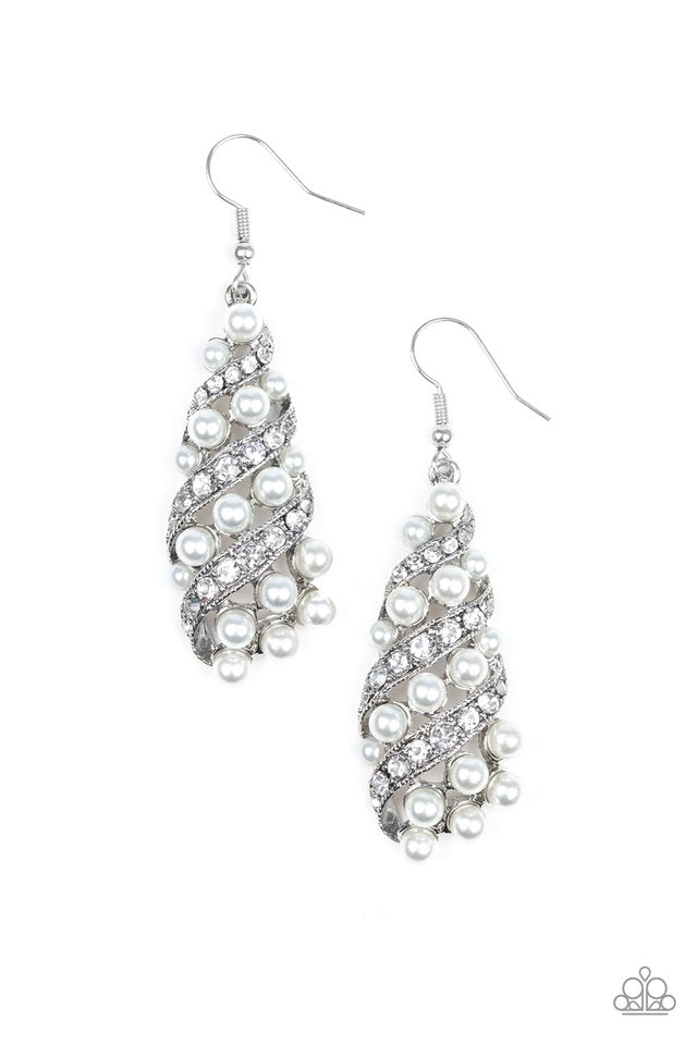 White rhinestone encrusted ribbons wrap around a bubbly white pearl teardrop frame for a timeless look. Earring attaches to a standard fishhook fitting. Sold as one pair of earrings.