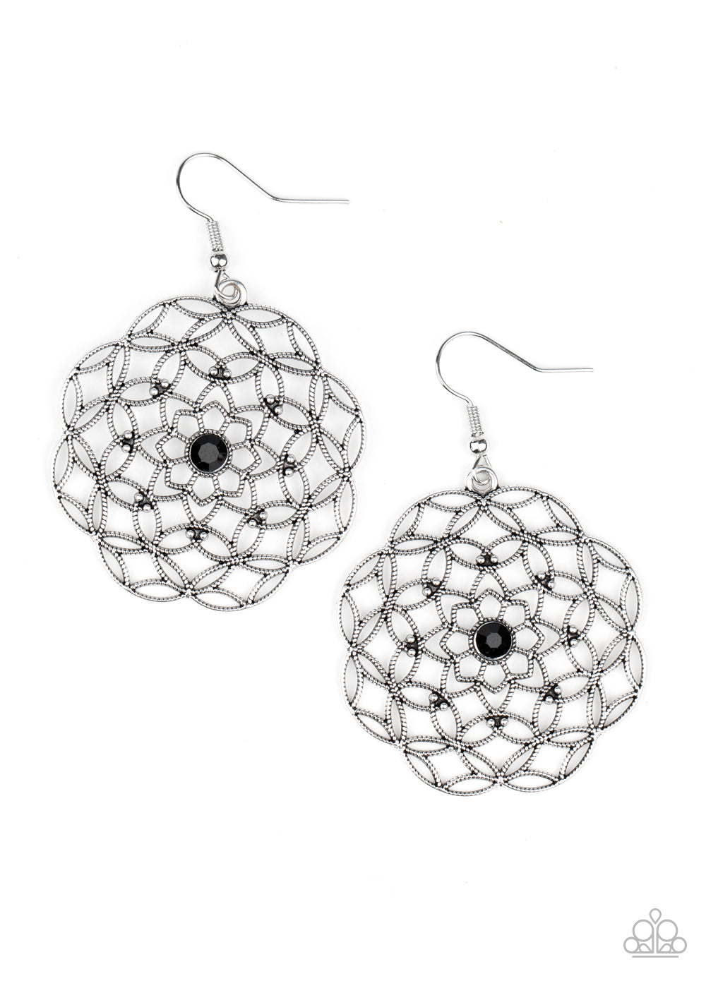 Dotted with a glittery black rhinestone center, studded silver filigree blooms into an enchanting floral frame. Earring attaches to a standard fishhook fitting. Sold as one pair of earrings.
