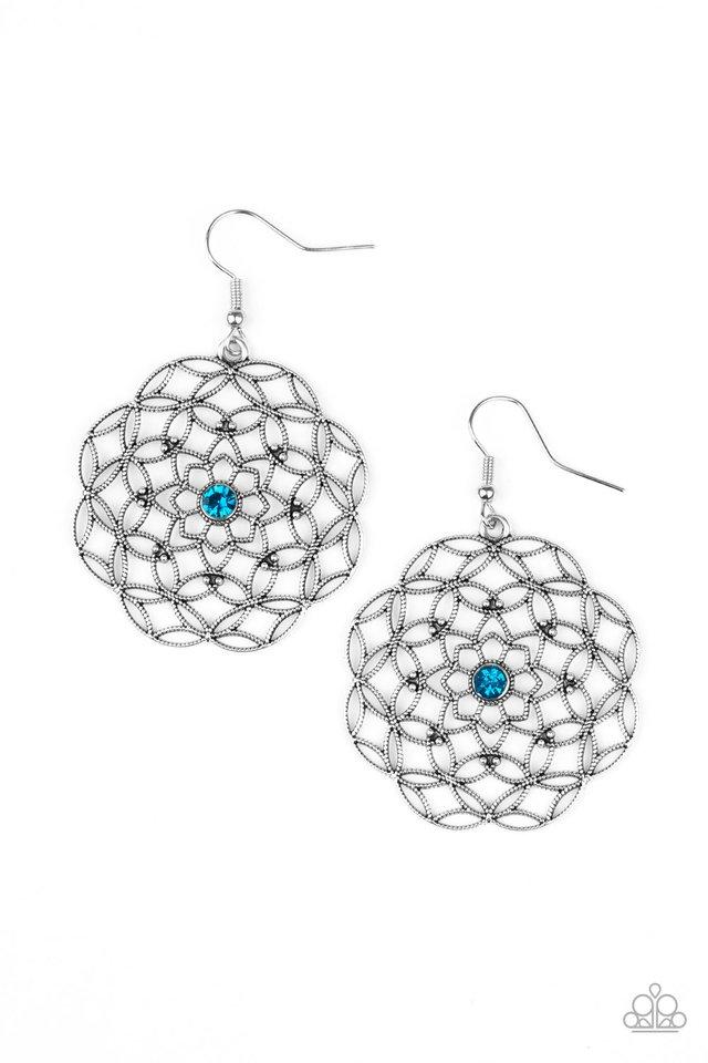 Dotted with a glittery blue rhinestone center, studded silver filigree blooms into an enchanting floral frame. Earring attaches to a standard fishhook fitting. Sold as one pair of earrings.