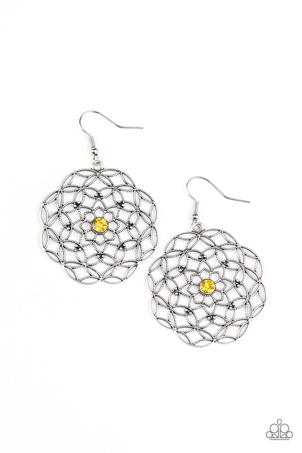 Dotted with a glittery yellow rhinestone center, studded silver filigree blooms into an enchanting floral frame. Earring attaches to a standard fishhook fitting. Sold as one pair of earrings.
