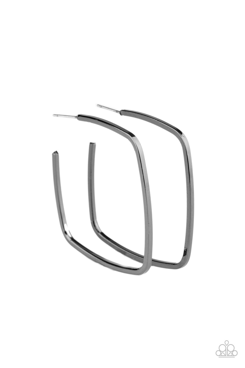 A glistening gunmetal bar delicately bends into an edgy square-like hoop for a trendy look. Earring attaches to a standard post fitting. Hoop measures approximately 2 1/4" in diameter. Sold as one pair of hoop earrings.