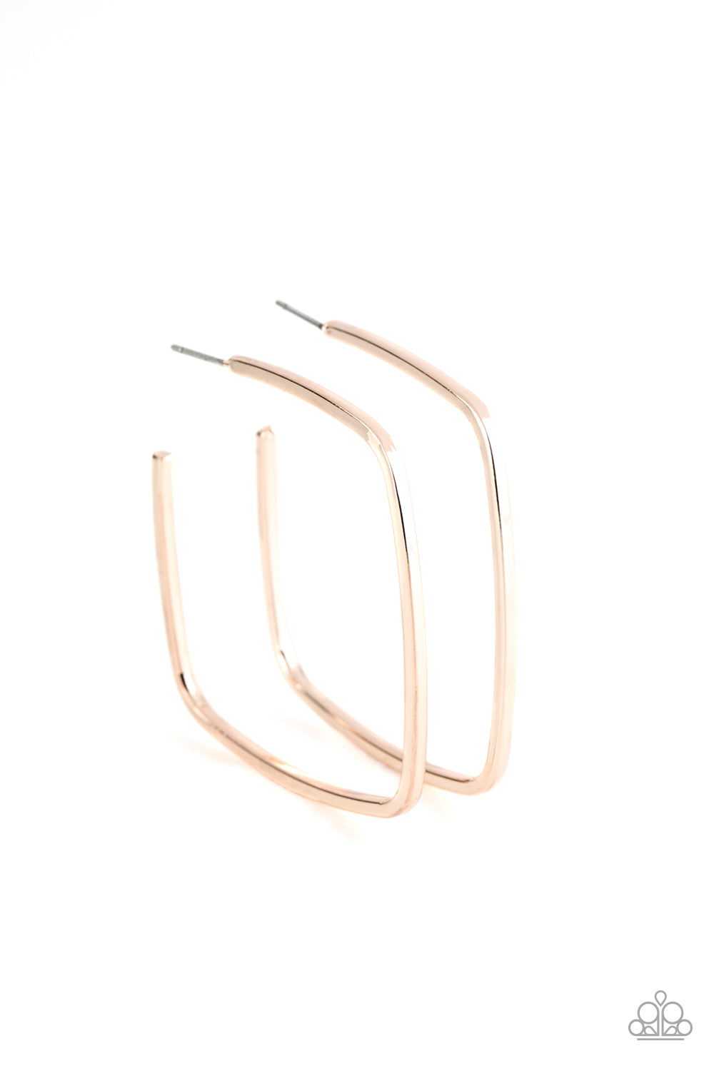 A glistening rose gold bar delicately bends into an edgy square-like hoop for a trendy look. Earring attaches to a standard post fitting. Hoop measures approximately 2 1/4" in diameter. Sold as one pair of hoop earrings.