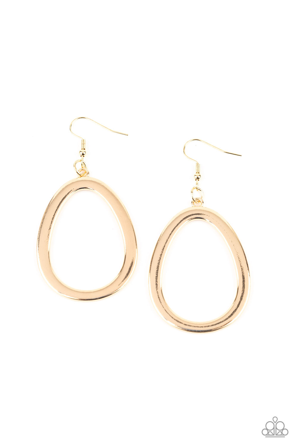 Brushed in a high-sheen finish, a gold oval frame swings from the ear for a casual fashion. Earring attaches to a standard fishhook fitting. Sold as one pair of earrings.