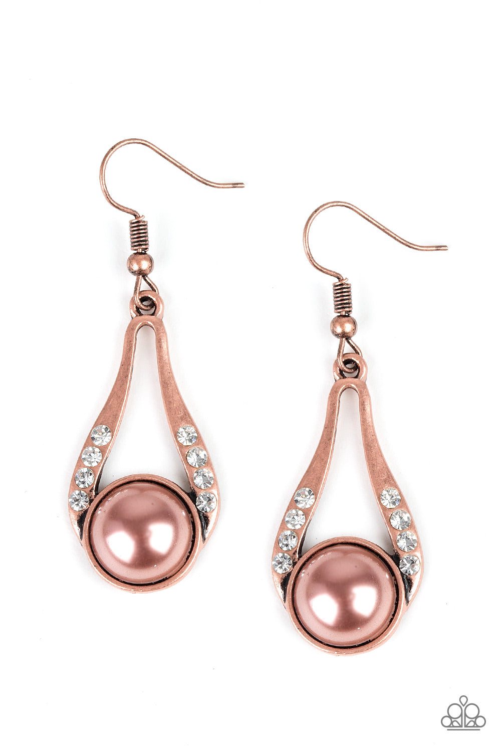 A pearly copper bead is nestled along the bottom of an elegant copper frame radiating with glassy rhinestones for a timeless look. Earring attaches to a standard fishhook fitting. Sold as one pair of earrings.
