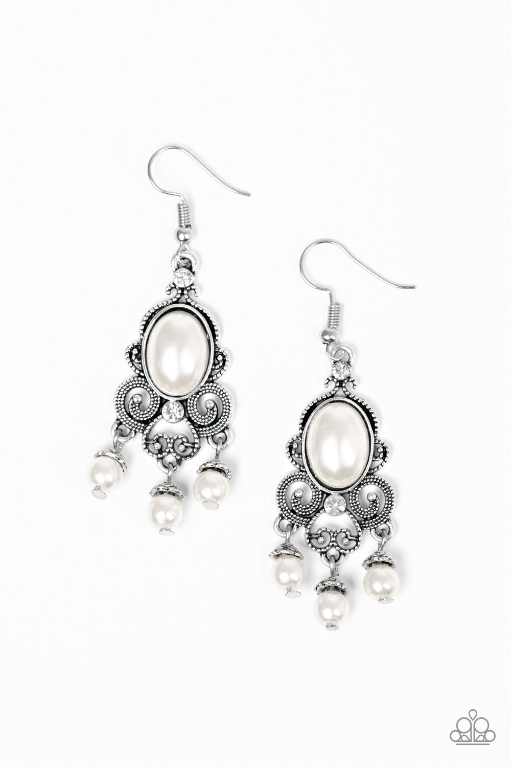 Dotted silver filigree spins around a pearly white bead and dainty white rhinestones, coalescing into a regal frame. A pearly fringe swings from the bottom of the frame for a refined finish. Earring attaches to a standard fishhook fitting. Sold as one pair of earrings.