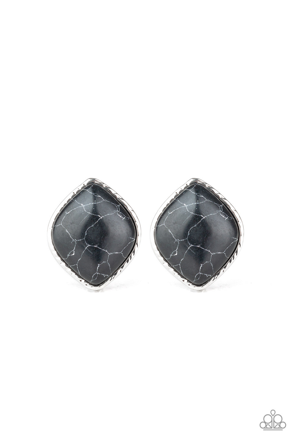 Featuring a faux marble finish, a smooth black stone is nestled inside a textured silver frame for a casual look. Earring attaches to a standard post fitting. Sold as one pair of post earrings.