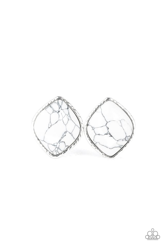 Featuring a faux marble finish, a refreshing white stone is nestled inside a textured silver frame for a casual look. Earring attaches to a standard post fitting. Sold as one pair of post earrings.