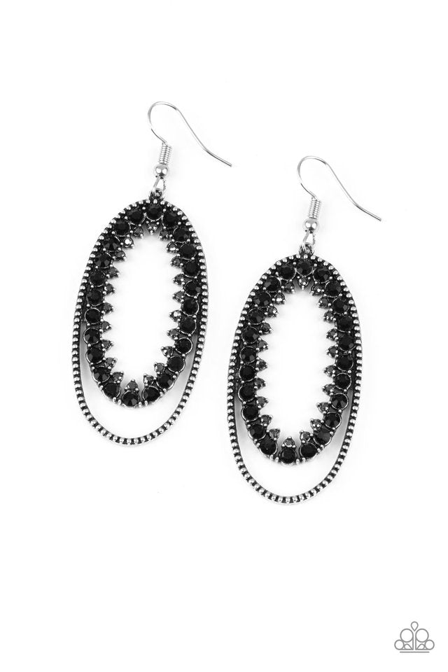 Ringed in a studded silver frame, glittery black and hematite rhinestones collect into a glittery lure for a refined flair. Earring attaches to a standard fishhook fitting. Sold as one pair of earrings.