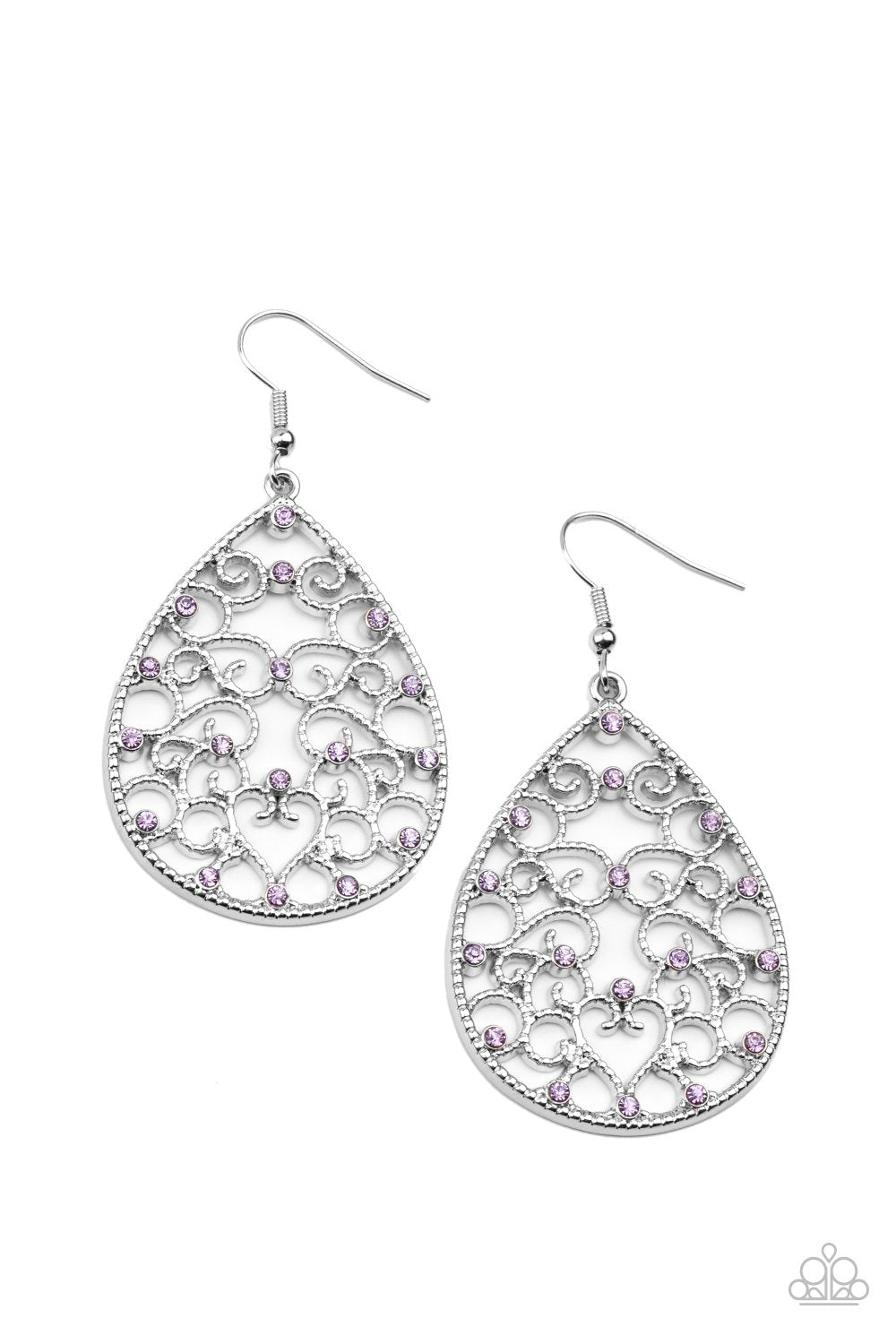 Dotted with dainty purple rhinestones, studded silver filigree vines across the front of a silver teardrop frame for an enchanting look. Earring attaches to a standard fishhook fitting. Sold as one pair of earrings.