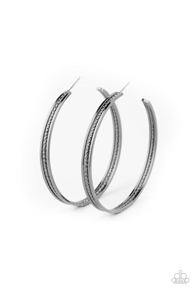 Featuring diamond-cut shimmer, a textured gunmetal bar is bordered by two glistening gunmetal bars, coalescing into an edgy hoop. Earring attaches to a standard post fitting. Hoop measures approximately 2 3/4" in diameter. Sold as one pair of hoop earrings.