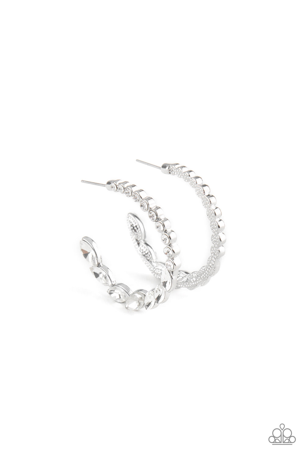 Gradually increasing in size, classic round rhinestones fade into regal marquise cut rhinestones for a refined look. Earring attaches to a standard post fitting. Hoop measures 1" in diameter. Sold as one pair of hoop earrings.
