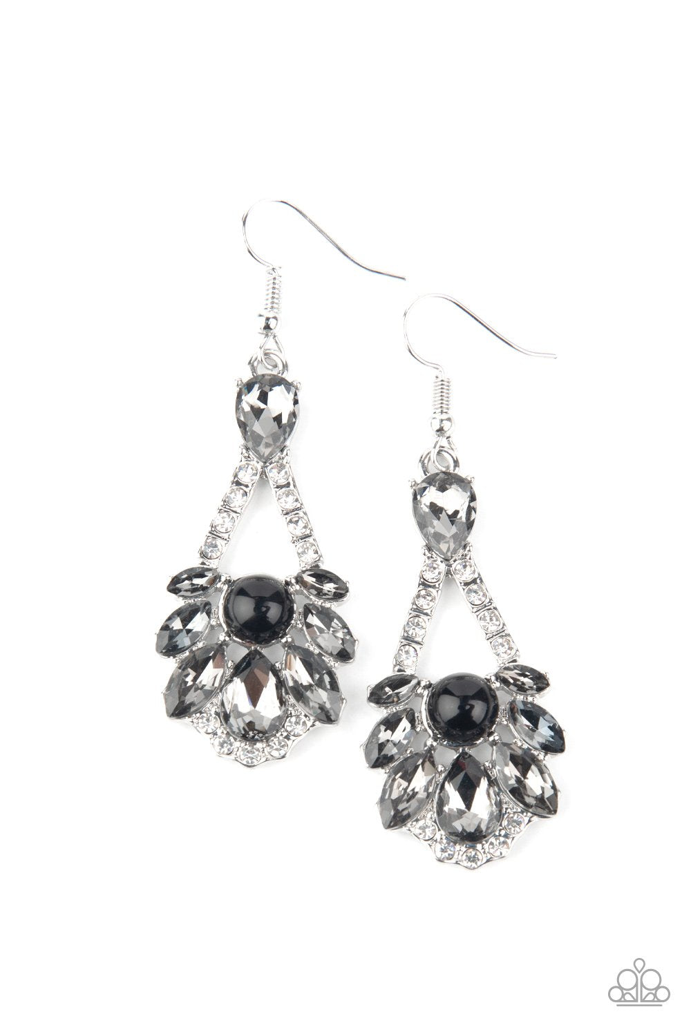 A sparkly series of marquise and teardrop smoky rhinestones embellish the front of a white rhinestone encrusted silver frame. A dainty black bead adorns the center, adding a splash of vintage refinement. Earring attaches to a standard fishhook fitting. Sold as one pair of earrings.
