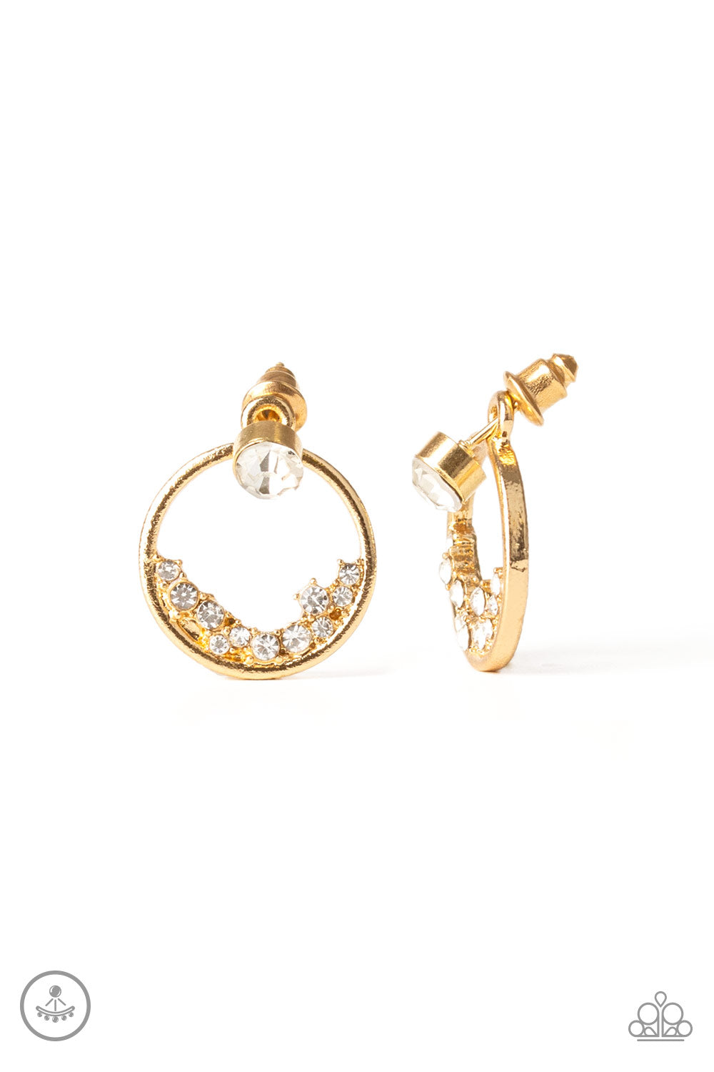 A solitaire white rhinestone attaches to a double-sided post, designed to fasten behind the ear. Encrusted in dainty white rhinestones, the circular double-side post peeks out beneath the ear for a bold look. Earring attaches to a standard post fitting. Sold as one pair of double-sided post earrings.