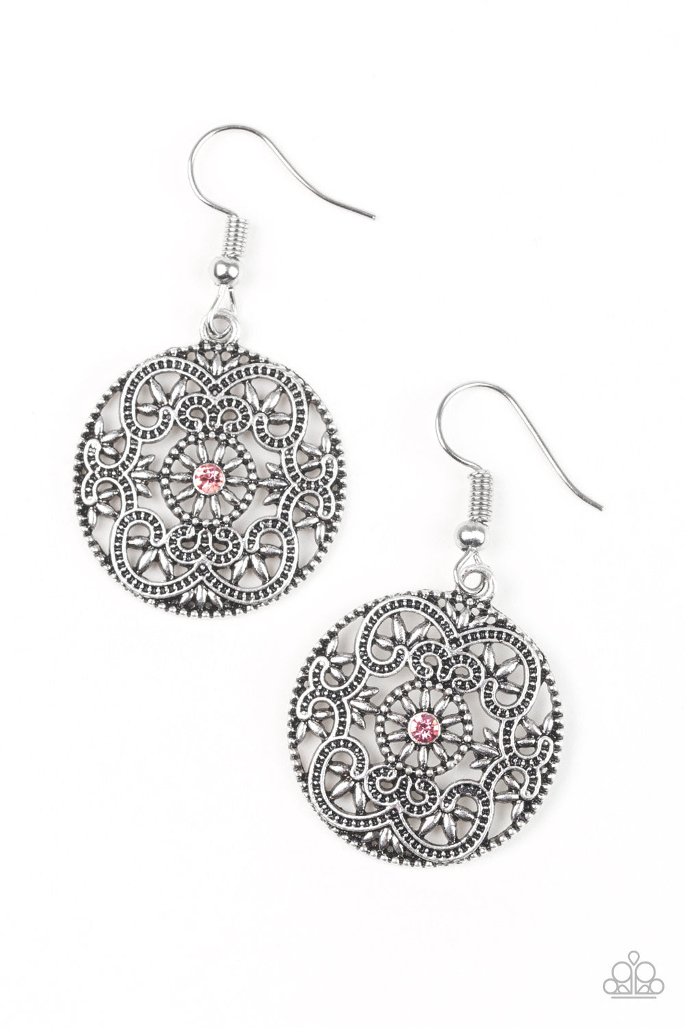 Regal silver filigree climbs a silver hoop, creating a frilly frame. A dainty pink rhinestone dots the center for a whimsical finish. Earring attaches to a standard fishhook fitting. Sold as one pair of earrings.