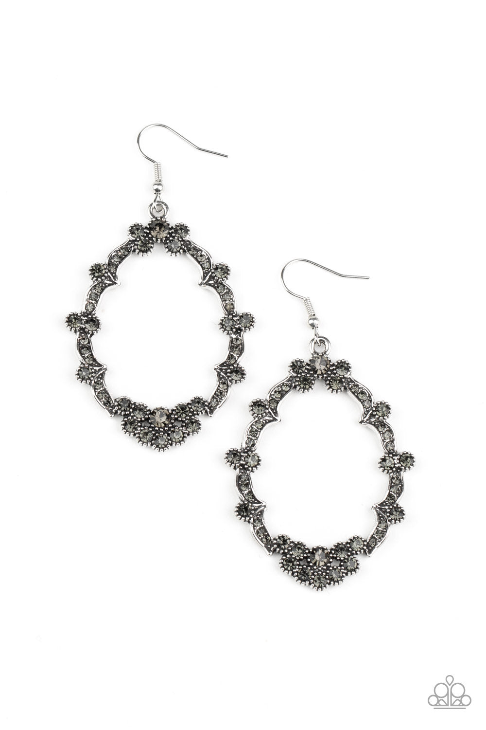 Dotted with smoky rhinestones, dainty silver studded frames delicately connect into an imperfect teardrop frame for a whimsical shimmer. Earring attaches to a standard fishhook fitting. Sold as one pair of earrings.