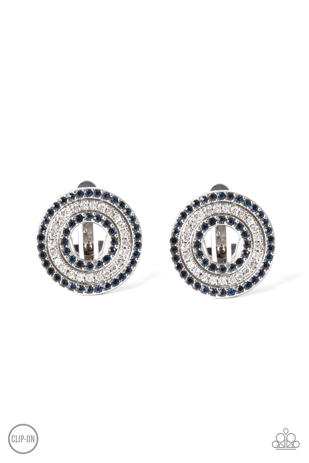 Alternating in glittery rings of dainty blue and white rhinestones, a sparkling silver hoop dots the ear for a refined flair. Earring attaches to a standard clip-on fitting. Sold as one pair of clip-on earrings.
