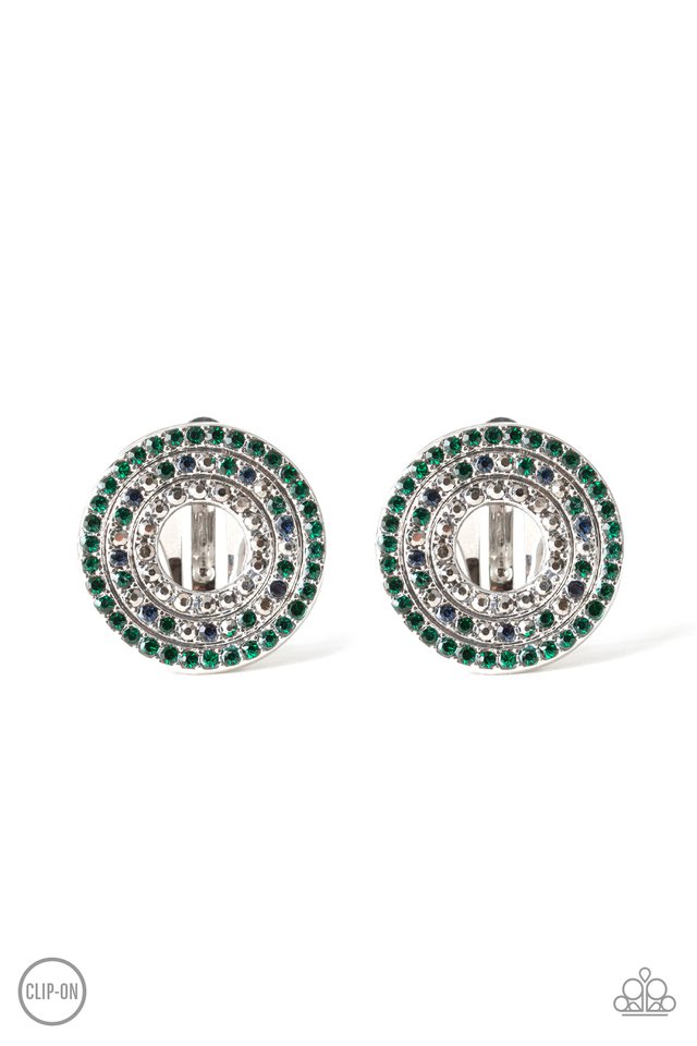 Women's silver round clip on earrings with green rhinestones
