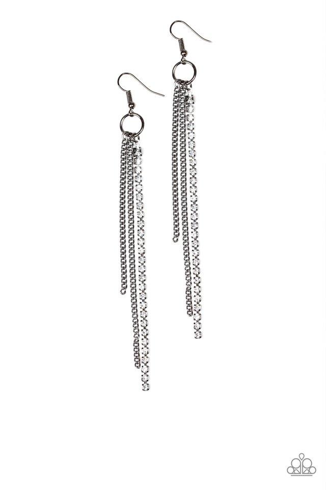 Paparazzi Streamlined - Black Earrings - Featuring shiny gunmetal fittings, a strand of glassy white rhinestones join strands of mismatched gunmetal chains, creating a sleek chandelier. Earring attaches to a fishhook fitting. Sold as one pair of earrings.