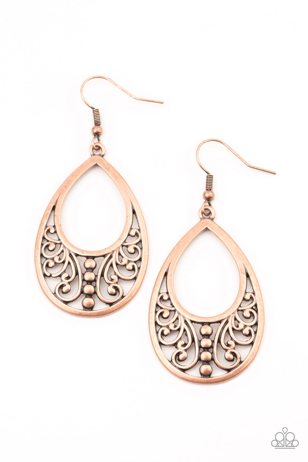 Infused with antiqued copper studs, vine-like filigree serpentines along the bottom of a copper teardrop frame for a seasonal flair. Earring attaches to a standard fishhook fitting. Sold as one pair of earrings.