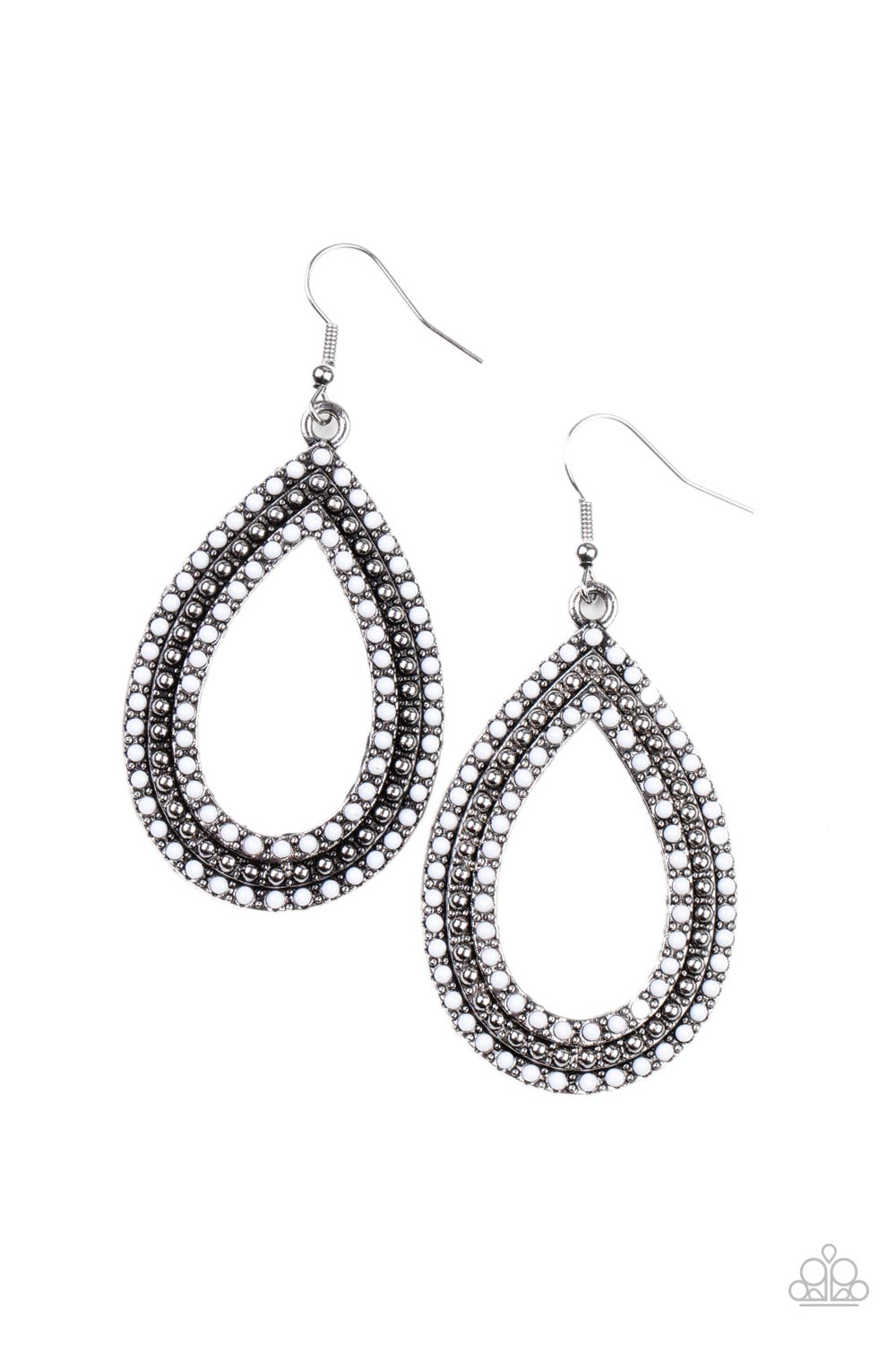 Two rows of dainty white seed beads flank a center row of silver studs across the front of a silver teardrop frame, coalescing into a colorful lure. Earring attaches to a standard fishhook fitting. Sold as one pair of earrings.