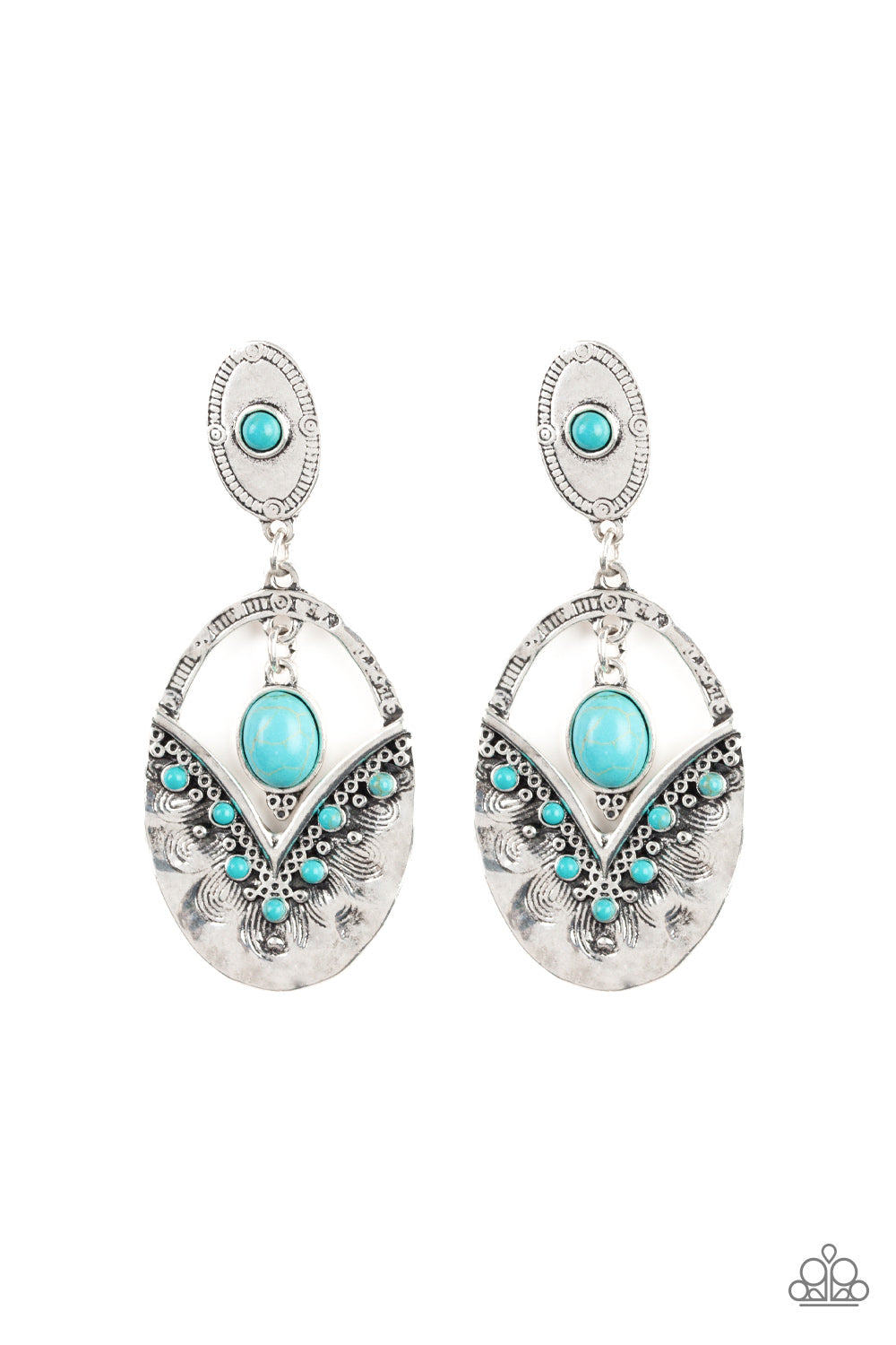 Rippling with hammered silver textures, a turquoise stone dotted frame swings from the bottom of an ornate oval frame dotted with a matching turquoise stone. A smooth turquoise stone swings from the top of the ornate frame, creating an earthy lure. Earring attaches to a standard post fitting. Sold as one pair of post earrings.