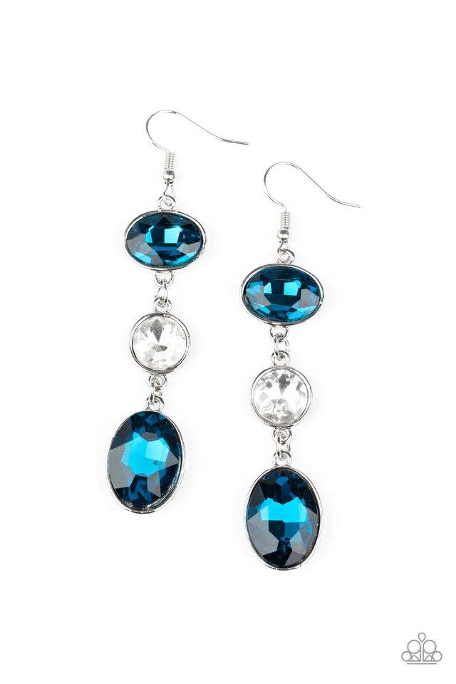 Encased in sleek silver frames, mismatched blue oval and round white rhinestones trickle from the ear, creating an elegant lure. Earring attaches to a standard fishhook fitting.
Sold as one pair of earrings.