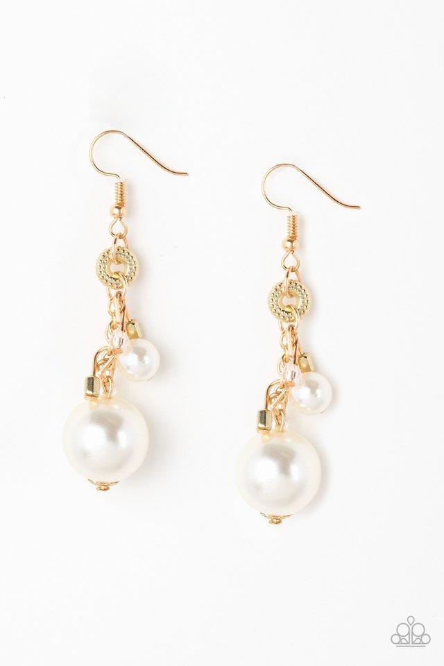 A bubbly white pearl, glassy crystal-like beads, and shimmery gold cube beads trickle along a glistening gold chain. An oversized white pearl swings from the bottom of the chain, creating a dramatic lure. Earring attaches to a standard fishhook fitting. Sold as one pair of earrings.