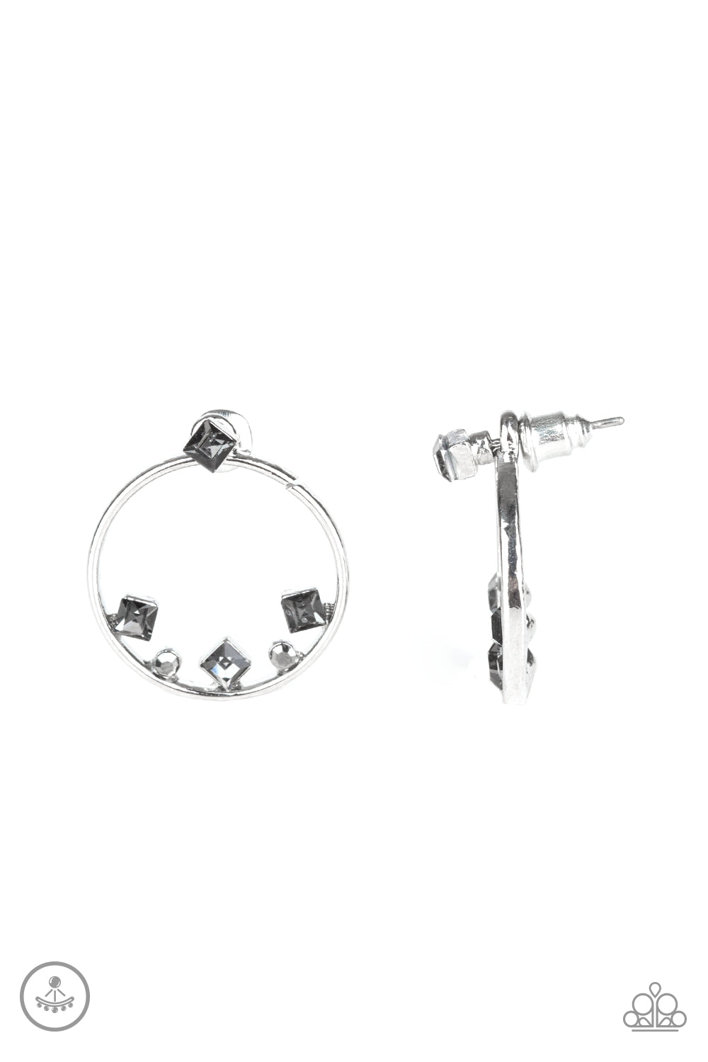 A solitaire smoky cube rhinestone attaches to a double-sided post, designed to fasten behind the ear. Encrusted with a bottom border of smoky cube and round hematite rhinestones, the circular double-sided post peeks out beneath the ear for a bold look. Earring attaches to a standard post fitting. Sold as one pair of double-sided post earrings.