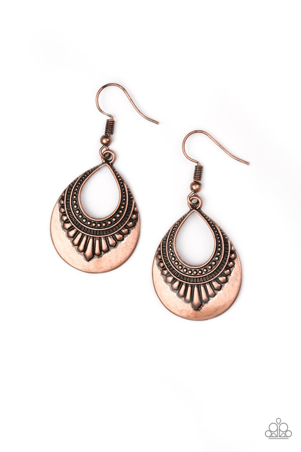 Tribal inspired details fan out across a glistening copper teardrop for a seasonal look. Earring attaches to a standard fishhook fitting. Sold as one pair of earrings.