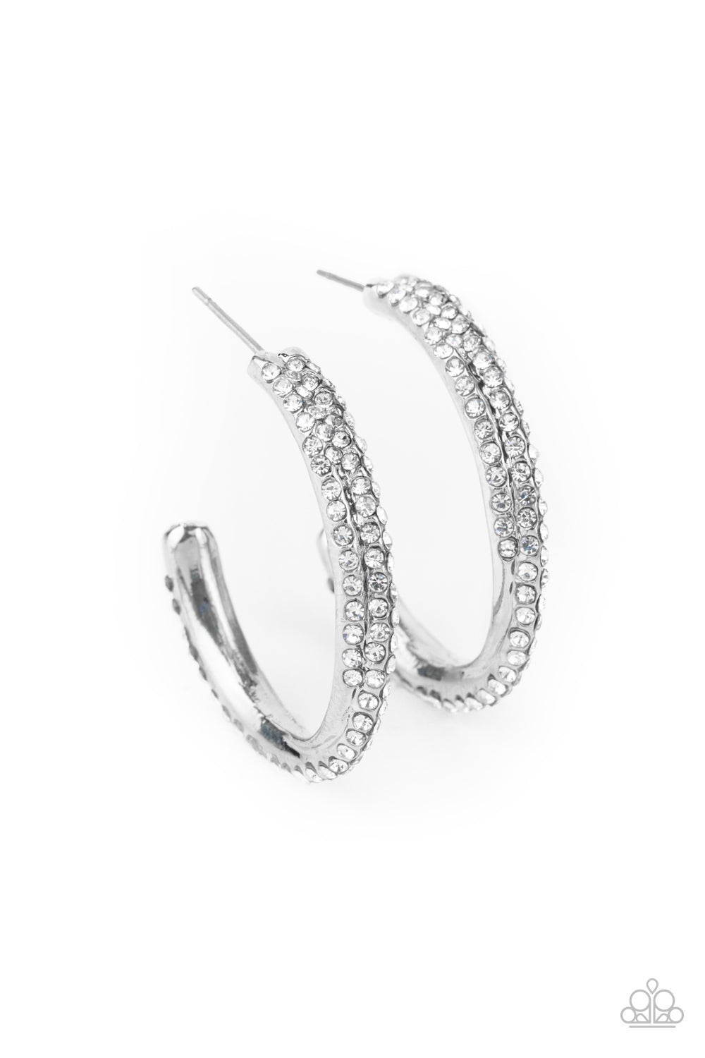 Two dainty rows of glittery hematite rhinestone encrusted silver bars delicately overlap and twist into a hook shaped hoop for a refined flair. Earring attaches to a standard post fitting. Hoop measures approximately 1" in diameter. Sold as one pair of hoop earrings.