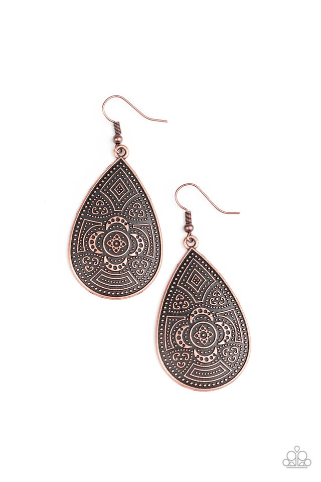 Studded in a decorative floral pattern, an antiqued copper teardrop swings from the ear in a trendy tribal fashion. Earring attaches to a standard fishhook fitting. Sold as one pair of earrings.
