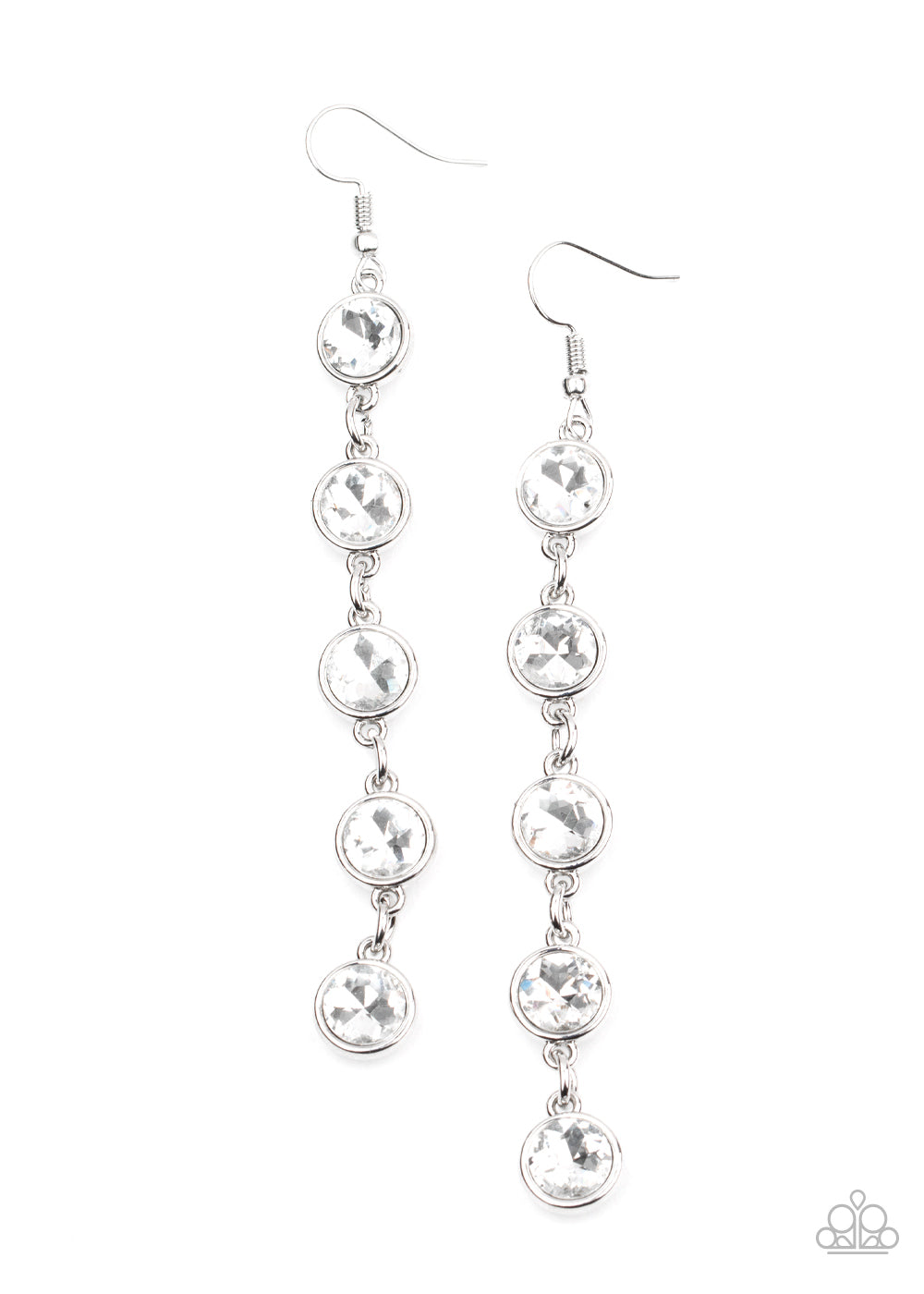 Encased in sleek silver fittings, a dramatic row of oversized white rhinestones delicately link in an elongated lure for a glamorous look. Earring attaches to a standard fishhook fitting. Sold as one pair of earrings.