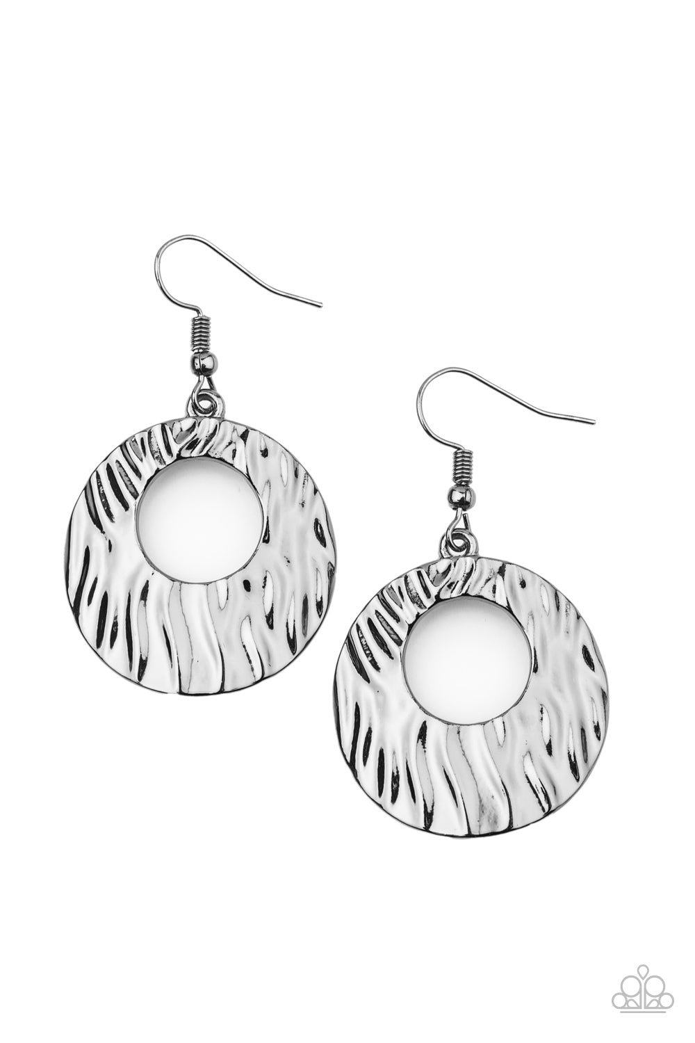 Rippling with texture, a beveled gunmetal circular frame swings from the ear for a radiant look. Earring attaches to a standard fishhook fitting. Sold as one pair of earrings.