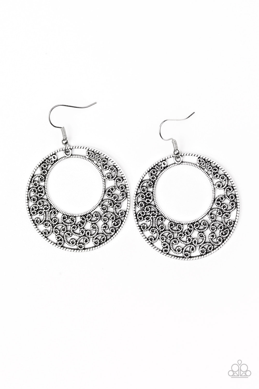 Dotted silver filigree climbs an airy silver frame for a seasonal look. Earring attaches to a standard fishhook fitting. Sold as one pair of earrings.