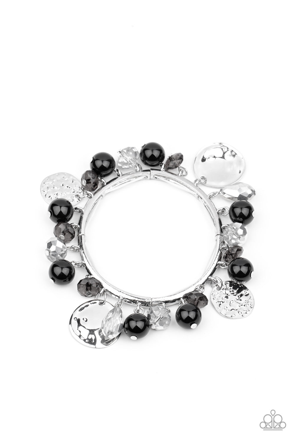 Sections of hammered silver discs, smoky crystals, polished black beads, and metal flecked crystal-like teardrops dangle from curved silver bars that have been threaded along a stretchy band that wraps around the wrist, creating a shimmering fringe. Sold as one individual bracelet.