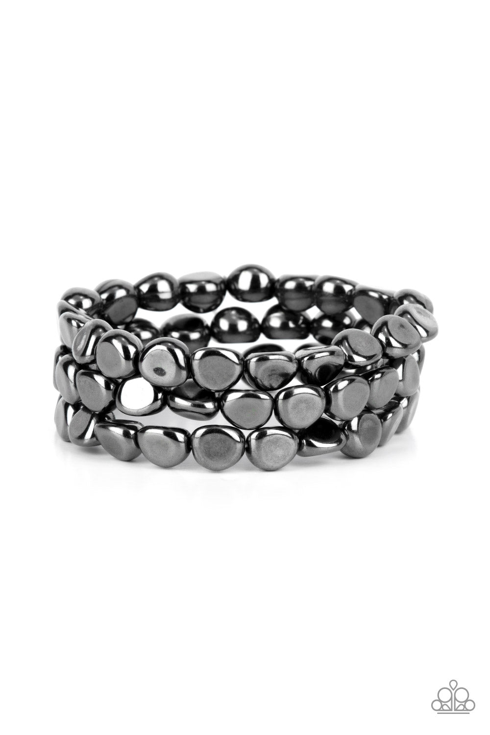 Featuring irregular stone shapes, a shiny series of gunmetal beads are threaded along stretchy bands around the wrist for a bold pop of monochromatic magic.
Sold as one set of three bracelets.