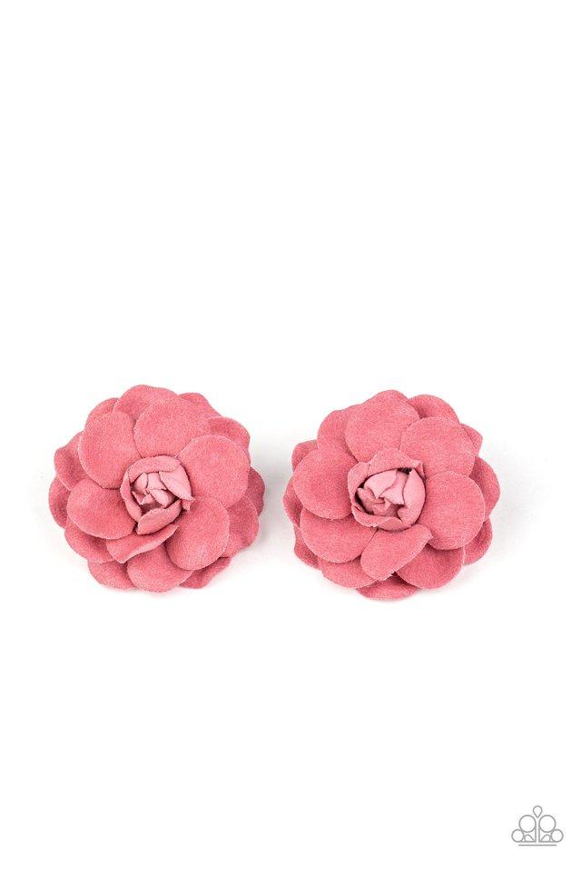 Pink felt-like petals delicately gather into a dainty pair of rosebuds for a colorfully charming fashion. Each flower features a standard hair clip on the back. Sold as one pair of hair clips.