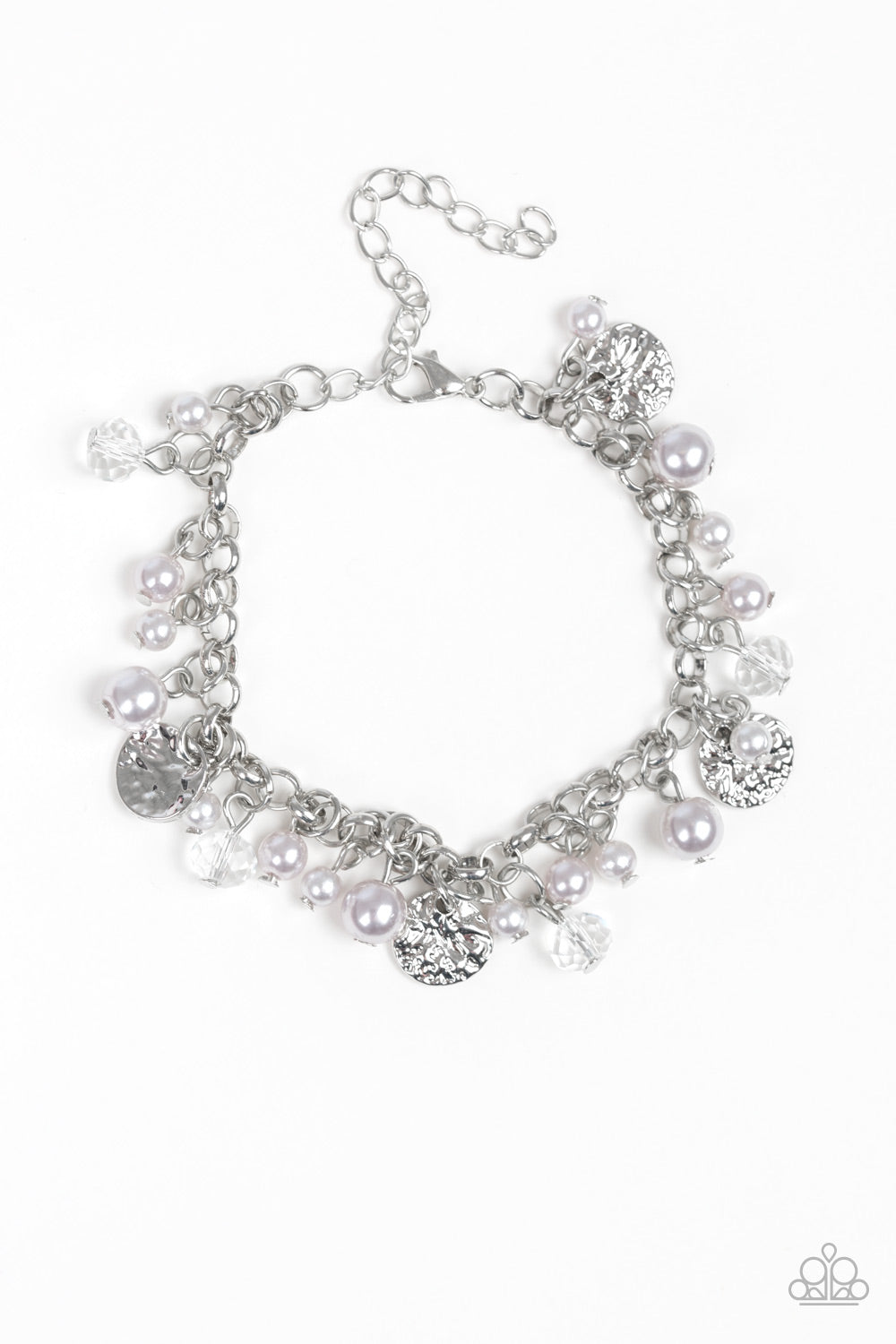 Pearly silver beads, smoky crystal-like gems, and hammered silver discs swing from a bold silver chain, creating a refined fringe around the wrist. Features an adjustable clasp closure. Sold as one individual bracelet.