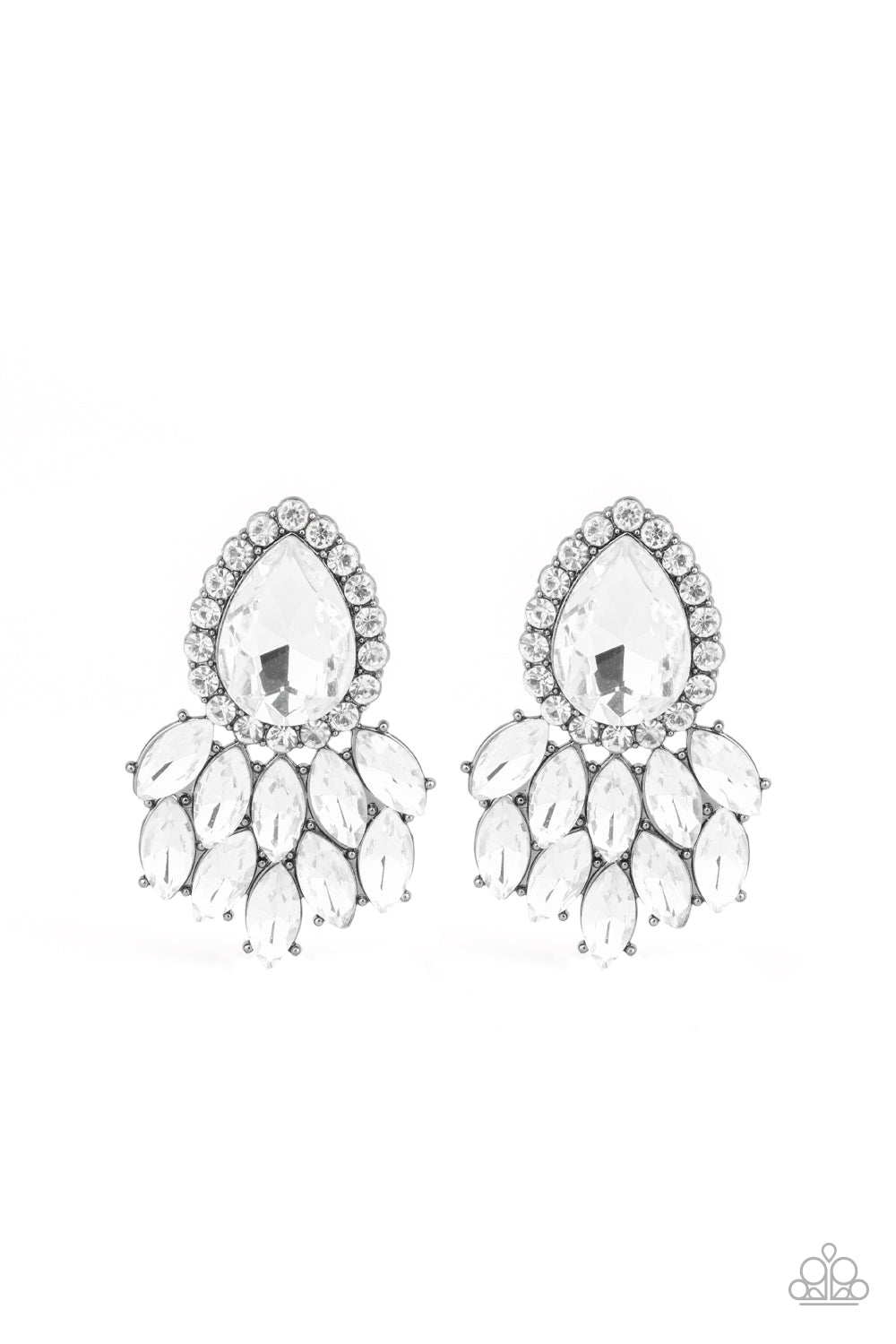 Glassy white marquise style rhinestones cascade from the bottom of a dramatically oversized white teardrop gem, coalescing into a regal frame. Earring attaches to a standard black post fitting. Sold as one pair of post earrings.