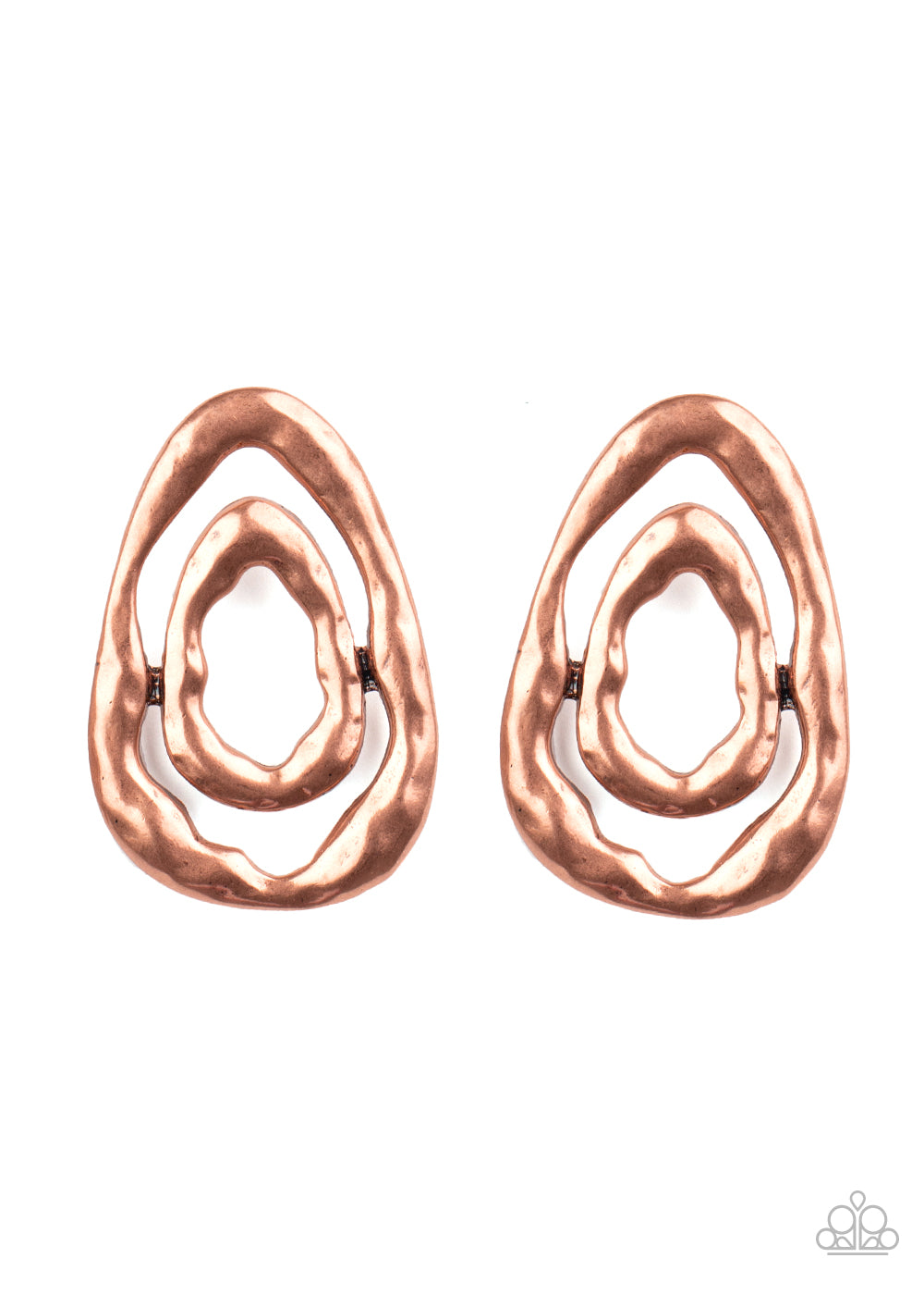 Hammered in an antiqued finish, wavy copper frames coalesce into an asymmetrical teardrop for a rustic look. Earring attaches to a standard post fitting. Sold as one pair of post earrings.