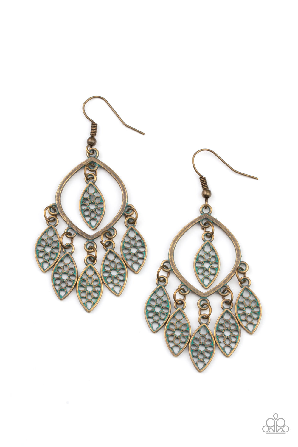 Brushed in a patina finish, dainty floral brass frames swing from the bottom and top of an airy brass frame, creating a rustic fringe. Earring attaches to a standard fishhook fitting. Sold as one pair of earrings.