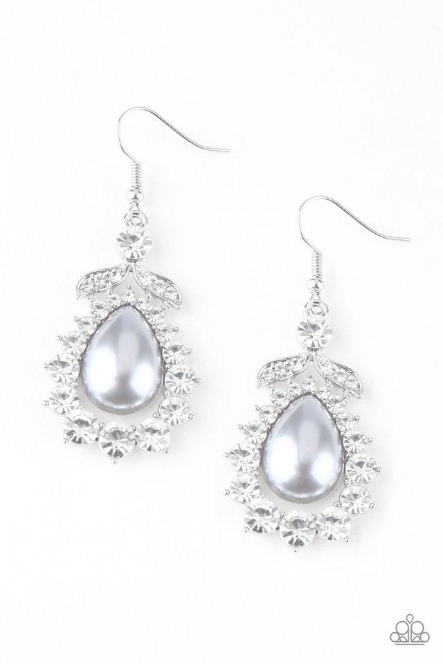 Gradually increasing in size near the center, glassy white rhinestones join around a pearly silver teardrop center. A solitaire white rhinestone and leafy silver frame crown the top of the frame for a glamorous finish. Earring attaches to a standard fishhook fitting. Sold as one pair of earrings.