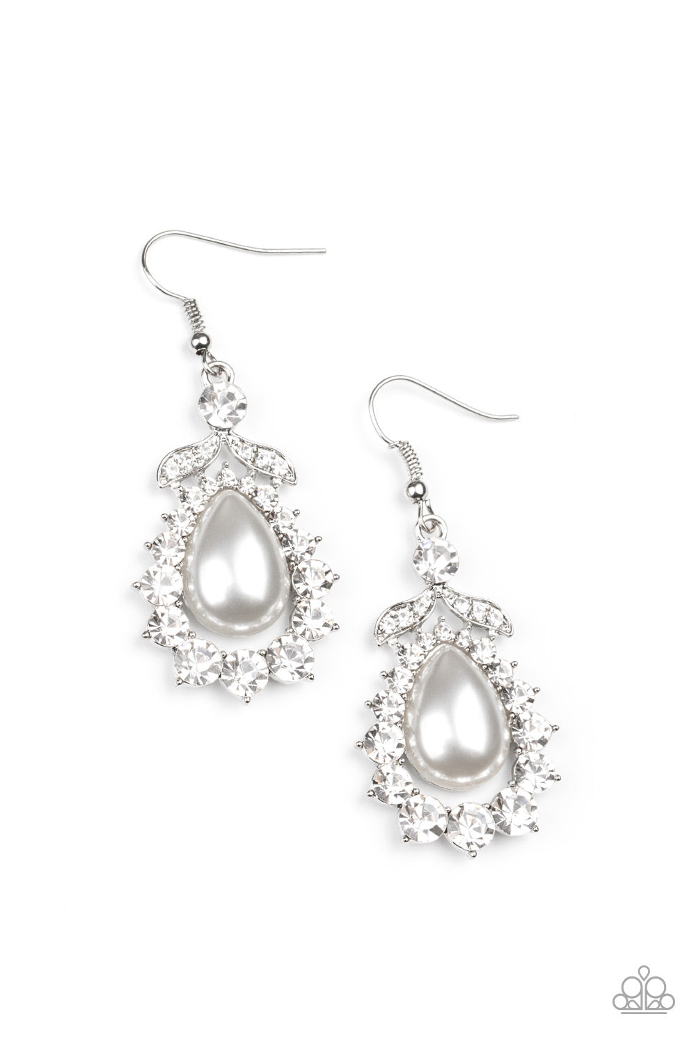 Gradually increasing in size near the center, glassy white rhinestones join around a pearly white teardrop center. A solitaire white rhinestone and leafy silver frame crown the top of the frame for a glamorous finish. Earring attaches to a standard fishhook fitting. Sold as one pair of earrings.