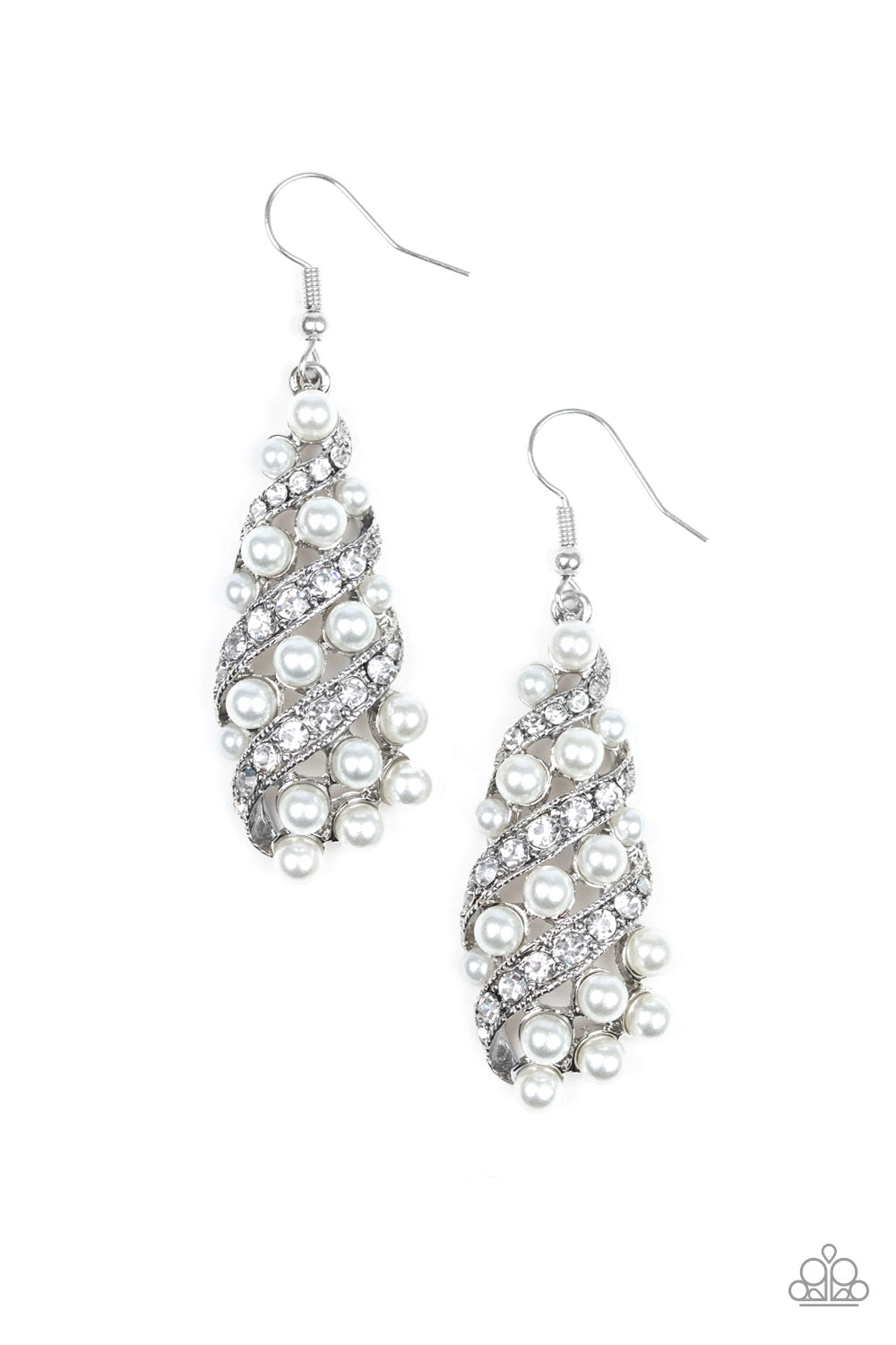 White rhinestone encrusted ribbons wrap around a bubbly silver pearl teardrop frame for a timeless look. Earring attaches to a standard fishhook fitting. Sold as one pair of earrings.