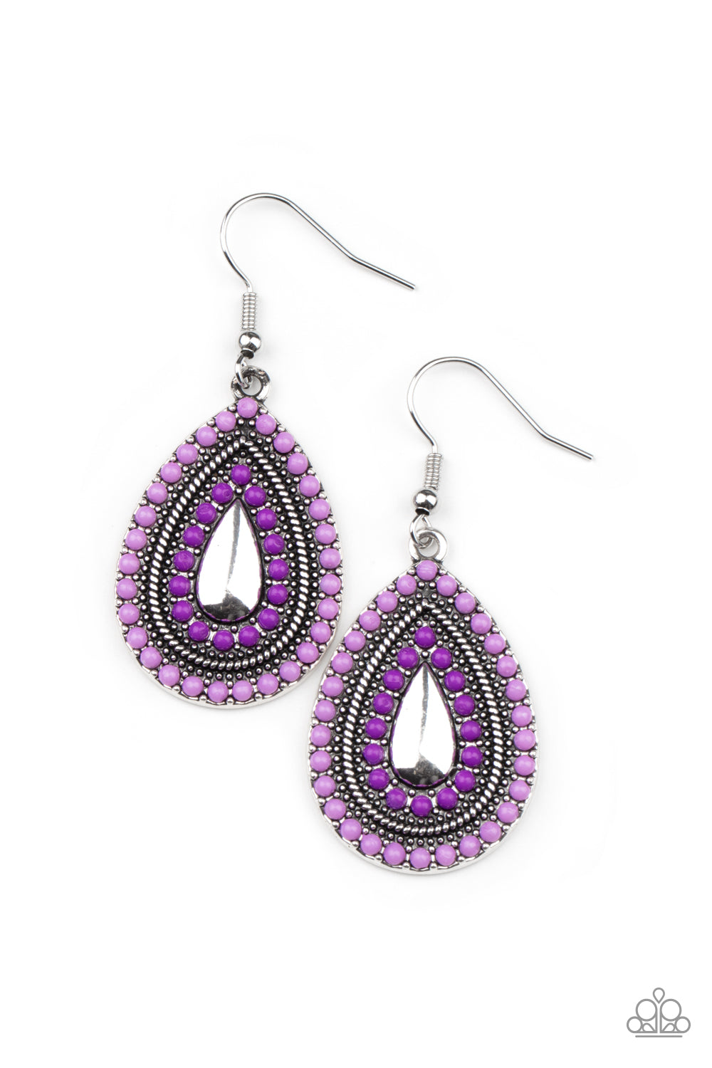 The front of a studded silver teardrop frame is dotted in alternating rows of light and dark purple beads, creating a colorful lure. Earring attaches to a standard fishhook fitting. Sold as one pair of earrings.