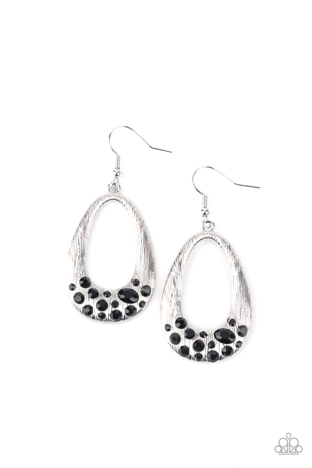 A glittery collection of oval and round black rhinestones is encrusted along the bottom of a shimmery silver teardrop featuring a shiny scratched surface for a refined finish. Earring attaches to a standard fishhook fitting. Sold as one pair of earrings