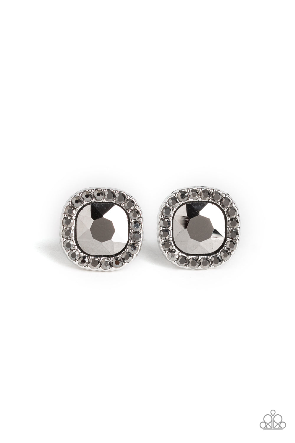 Featuring a regal square-cut, a glittery hematite gem is pressed into a frame radiating with glassy hematite rhinestones for a timeless flair. Earring attaches to a standard post fitting. Sold as one pair of post earrings.
