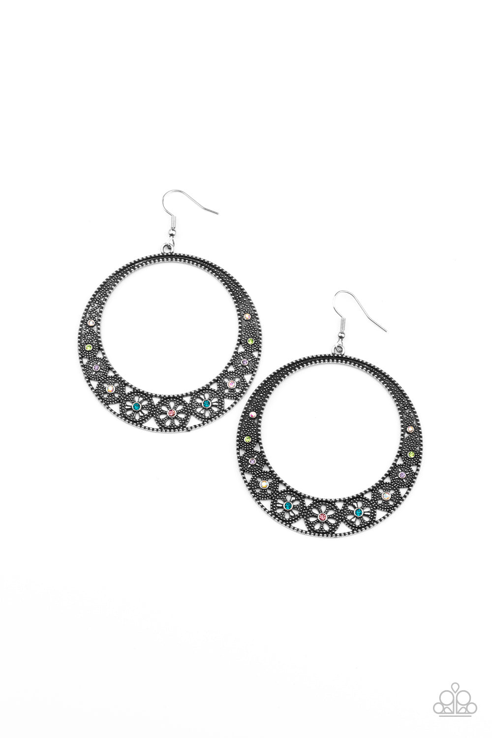 Dotted with dainty multicolored rhinestones, studded wheel-like frames connect into a studded hoop for a whimsical look. Earring attaches to a standard fishhook fitting. Sold as one pair of earrings.