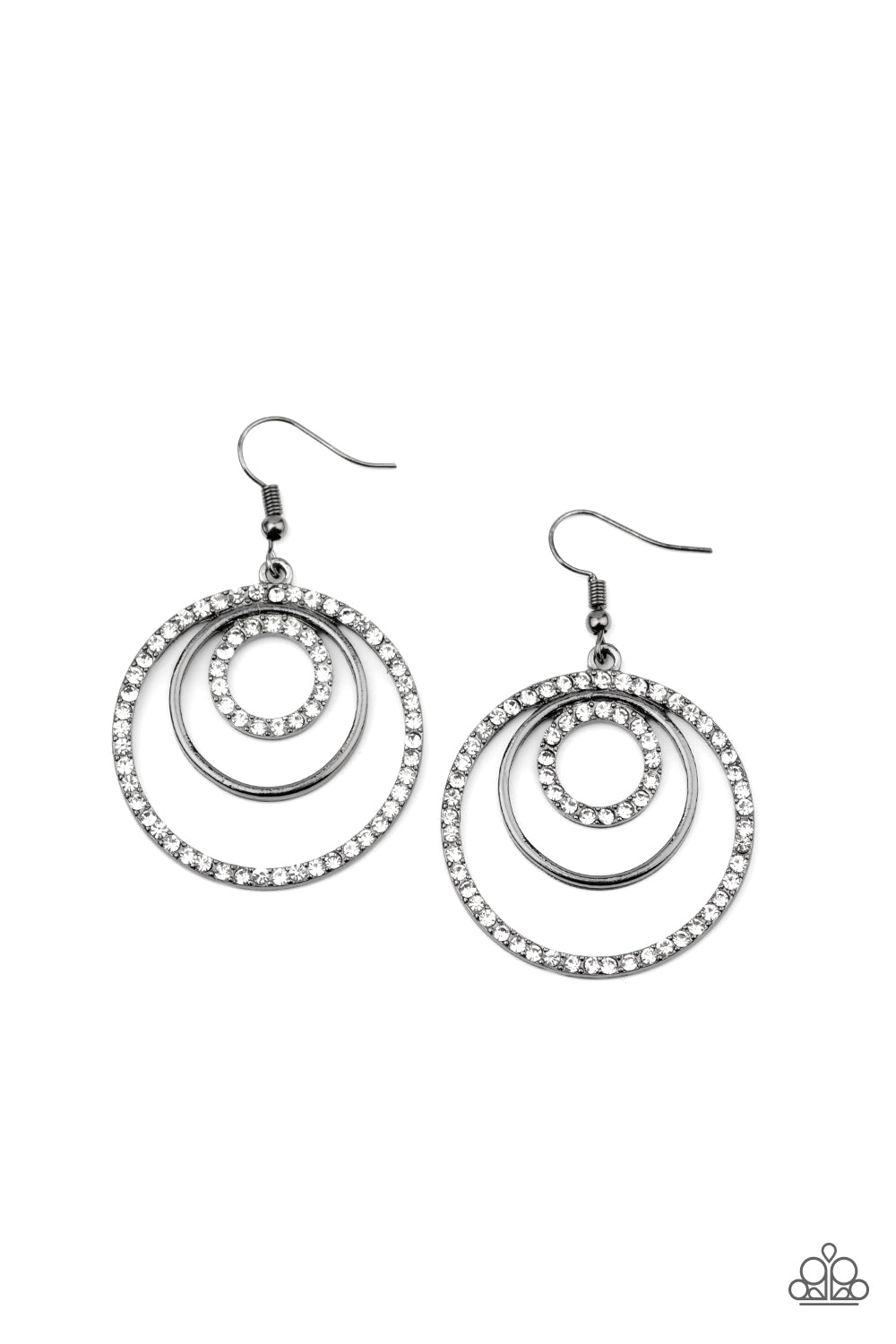 Plain gunmetal and white rhinestone encrusted silver rings ripple out into a bubbly hoop, creating a dizzying display. Earring attaches to a standard fishhook fitting. Sold as one pair of earrings.